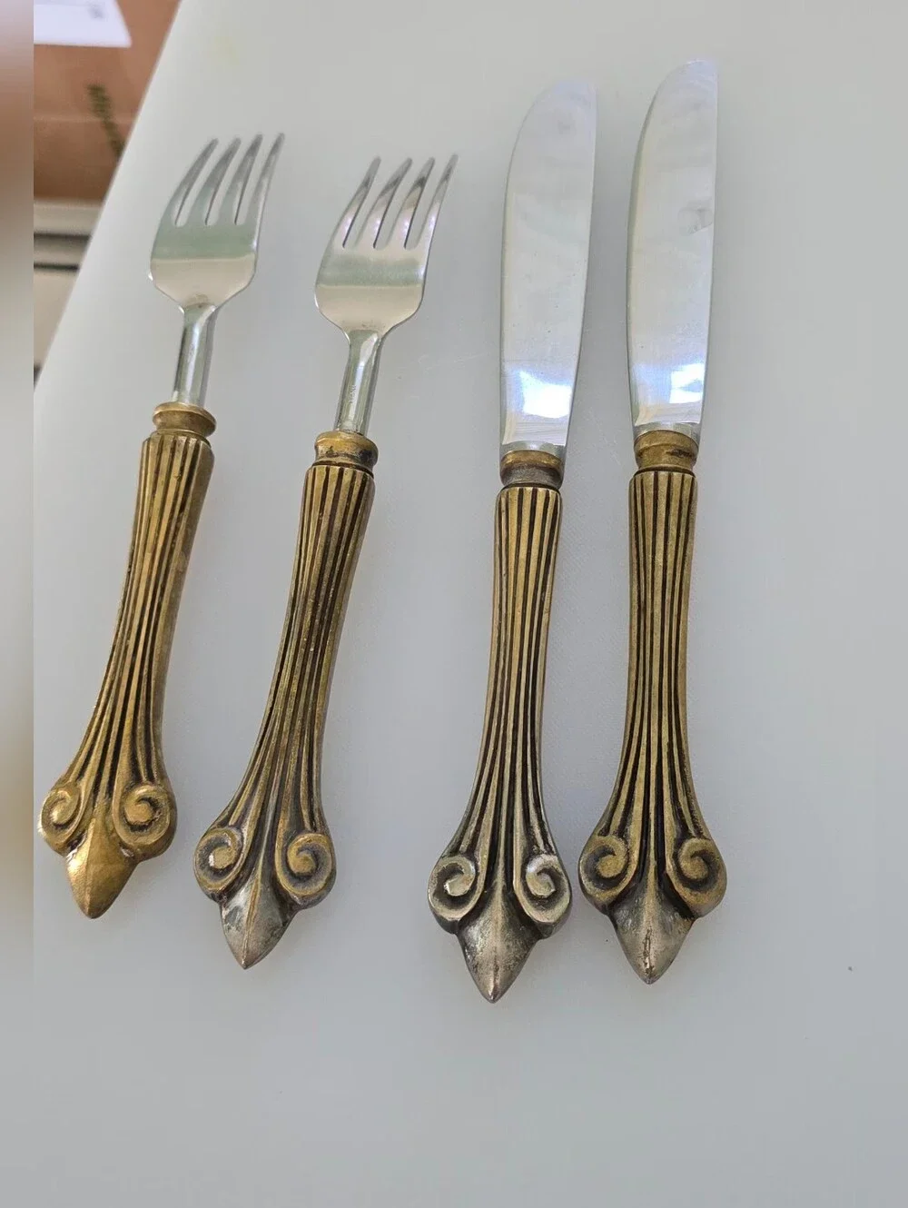 Vintage Fleur De Lis Flatware Set - Brass & Silver Tone - 2 Forks, 2 Knives MCM